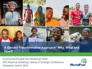 A Gender Transformative Approach: Why, What and
How?
Cynthia McDougall and Workshop Team
GTA Practice Workshop, Seeds of Change Conference
Canberra, April 2, 2019
 