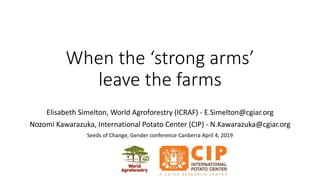 When the ‘strong arms’
leave the farms
Elisabeth Simelton, World Agroforestry (ICRAF) - E.Simelton@cgiar.org
Nozomi Kawarazuka, International Potato Center (CIP) - N.Kawarazuka@cgiar.org
Seeds of Change, Gender conference Canberra April 4, 2019
 