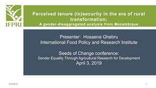 Perceived tenure (in)security in the era of rural
transformation:
A gender-disaggregated analysis from Mozambique
Presenter: Hosaena Ghebru
International Food Policy and Research Institute
Seeds of Change conference:
Gender Equality Through Agricultural Research for Development
April 3, 2019
4/10/2019 1
 