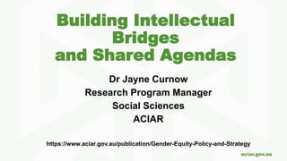 aciar.gov.au
Building Intellectual
Bridges
and Shared Agendas
Dr Jayne Curnow
Research Program Manager
Social Sciences
ACIAR
https://www.aciar.gov.au/publication/Gender-Equity-Policy-and-Strategy
 