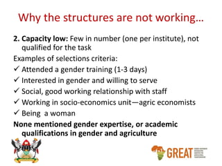 Why gender focal person structures are not working in Rwanda and Uganda's national agricultural research organizations