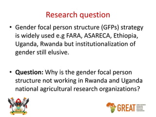 Why gender focal person structures are not working in Rwanda and Uganda's national agricultural research organizations