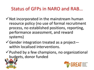 Why gender focal person structures are not working in Rwanda and Uganda's national agricultural research organizations