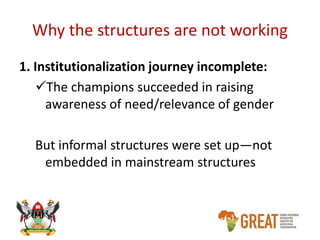 Why gender focal person structures are not working in Rwanda and Uganda's national agricultural research organizations