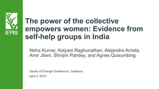 The power of the collective
empowers women: Evidence from
self-help groups in India
Neha Kumar, Kalyani Raghunathan, Alejandra Arrieta,
Amir Jilani, Shinjini Pandey, and Agnes Quisumbing
Seeds of Change Conference, Canberra
April 3, 2019
 