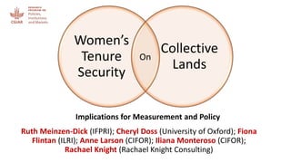 Women’s
Tenure
Security
Collective
Lands
On
Ruth Meinzen-Dick (IFPRI); Cheryl Doss (University of Oxford); Fiona
Flintan (ILRI); Anne Larson (CIFOR); Iliana Monteroso (CIFOR);
Rachael Knight (Rachael Knight Consulting)
Implications for Measurement and Policy
 