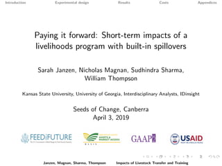 Introduction Experimental design Results Costs Appendices
Paying it forward: Short-term impacts of a
livelihoods program with built-in spillovers
Sarah Janzen, Nicholas Magnan, Sudhindra Sharma,
William Thompson
Kansas State University, University of Georgia, Interdisciplinary Analysts, IDinsight
Seeds of Change, Canberra
April 3, 2019
Janzen, Magnan, Sharma, Thompson Impacts of Livestock Transfer and Training
 