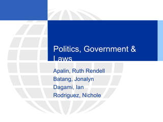 Politics, Government &
Laws
Apalin, Ruth Rendell
Batang, Jonalyn
Dagami, Ian
Rodriguez, Nichole
 