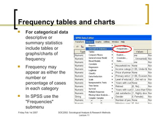 Frequency tables and charts For categorical data  descriptive or summary statistics include tables or graphs/charts of frequency Frequency may appear as either the number or percentage of cases in each category In SPSS use the "Frequencies" submenu 