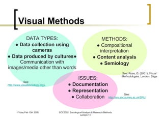 Visual Methods DATA TYPES: ●  Data collection using cameras ●  Data produced by cultures ● Communication with images/media other than words See:  http://www.visualsociology.org.uk/whatis/index.php ISSUES: ●  Documentation ●  Representation ●  Collaboration See:  http://sru.soc.surrey.ac.uk/SRU11/SRU11.html See: Rose, G. (2001).  Visual Methodologies . London: Sage METHODS: ●  Compositional interpretation ●  Content analysis ●  Semiology 