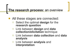 The research process:  an overview All these stages are connected: Select the optimal  design  for the  research question Link between  design  and  data collection/elicitation  technique Link between  data collection  and  data analysis Link between  analysis  and  interpretation 