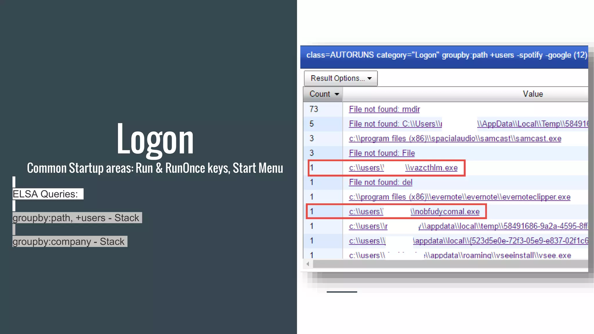 Logon
Common Startup areas: Run & RunOnce keys, Start Menu
ELSA Queries:
groupby:path, +users - Stack
groupby:company - Stack
 