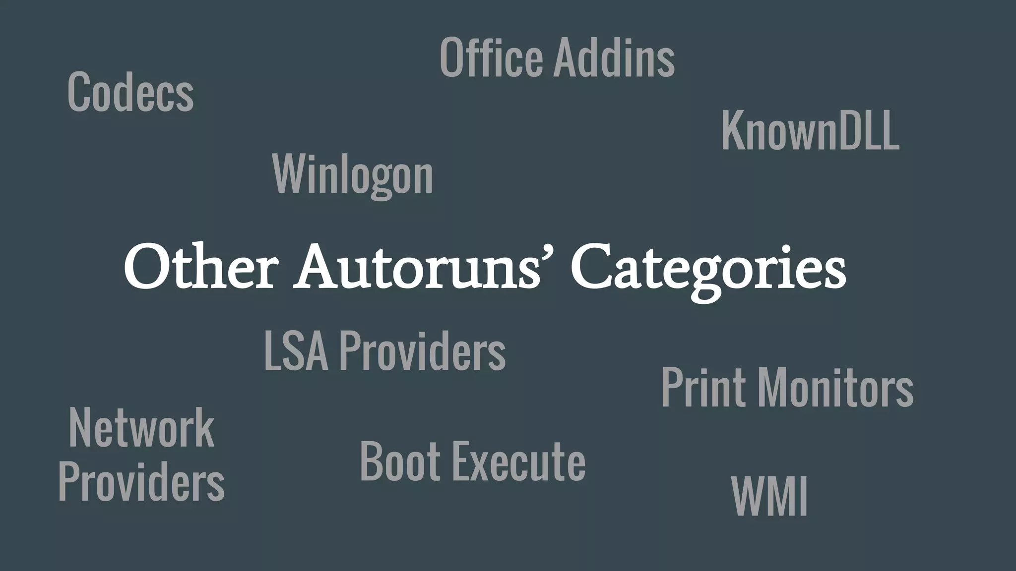 Codecs
Other Autoruns’ Categories
Network
Providers
Winlogon
LSA Providers
KnownDLL
Print Monitors
Boot Execute
WMI
Office Addins
 
