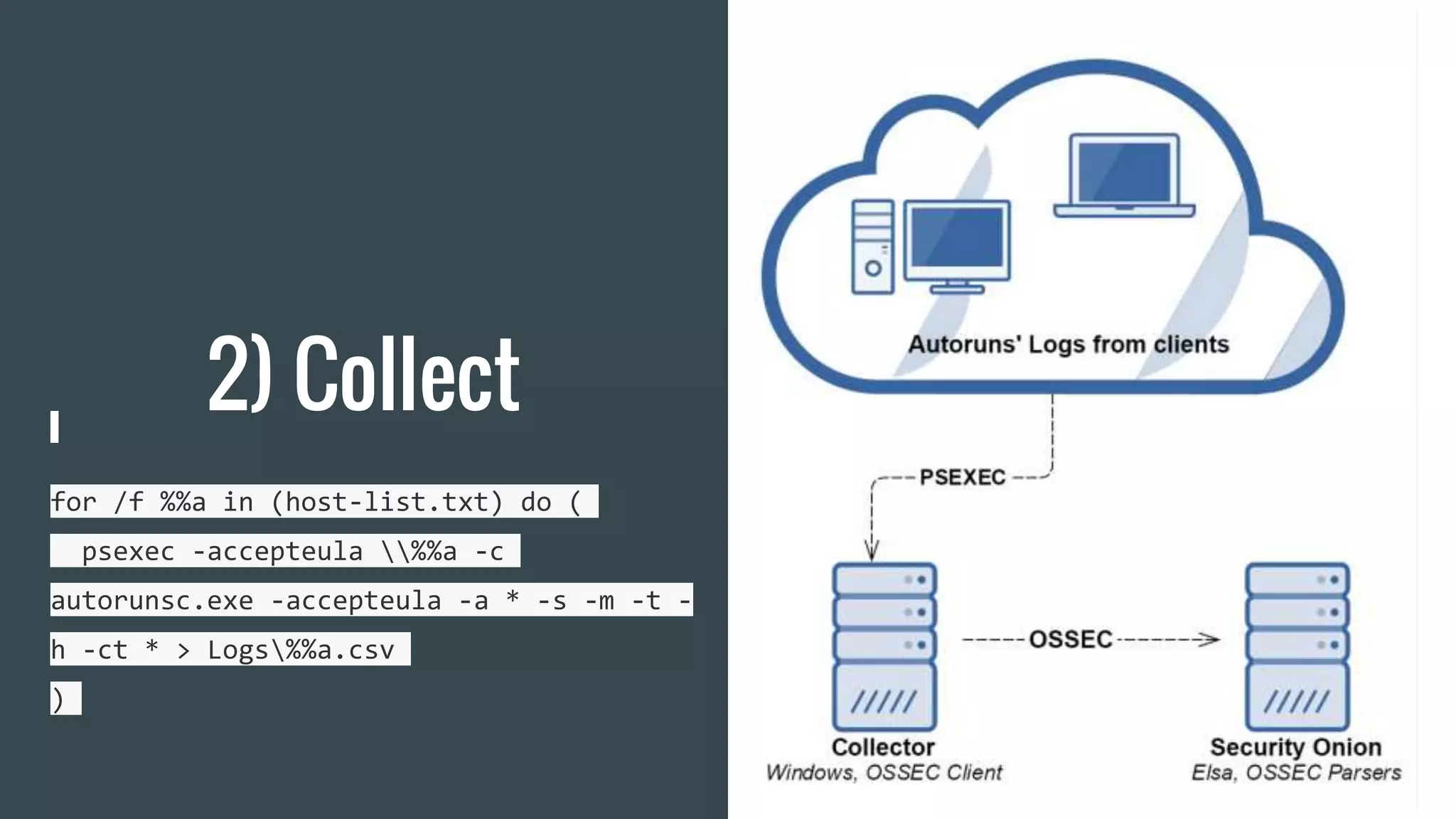 2) Collect
for /f %%a in (host-list.txt) do (
psexec -accepteula %%a -c
autorunsc.exe -accepteula -a * -s -m -t -
h -ct * > Logs%%a.csv
)
 