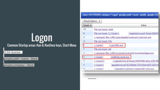Logon
Common Startup areas: Run & RunOnce keys, Start Menu
ELSA Queries:
groupby:path, +users - Stack
groupby:company - St...