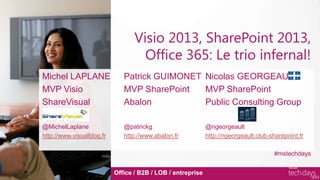 Visio 2013, SharePoint 2013,
                                    Office 365: Le trio infernal!
Michel LAPLANE                Patrick GUIMONET Nicolas GEORGEAULT
MVP Visio                     MVP SharePoint   MVP SharePoint
ShareVisual                   Abalon           Public Consulting Group

@MichelLaplane                @patrickg                      @ngeorgeault
http://www.visualblog.fr      http://www.abalon.fr           http://ngeorgeault.club-sharepoint.fr

                                                                                       #mstechdays


                           Office / B2B / LOB / entreprise
 