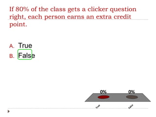 If 80% of the class gets a clicker question
right, each person earns an extra credit
point.
A. True
B. False
True
False
0%0%
 