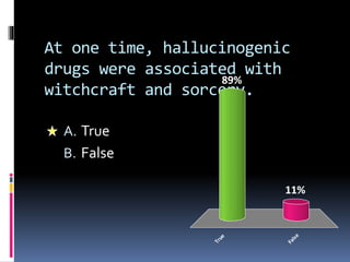 At one time, hallucinogenic 
drugs were associated with 
witchcraft and sorcery. 
A. True 
B. False 
True 
11% 
False 
89% 
 