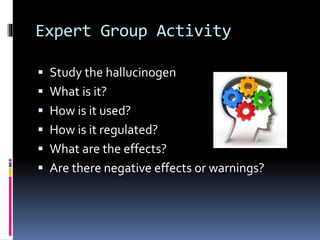 Expert Group Activity 
 Study the hallucinogen 
 What is it? 
 How is it used? 
 How is it regulated? 
 What are the effects? 
 Are there negative effects or warnings? 
 
