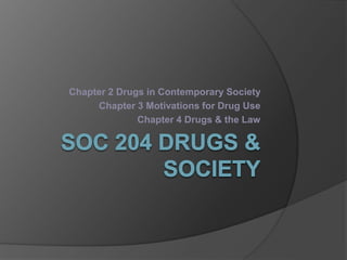 Chapter 2 Drugs in Contemporary Society
Chapter 3 Motivations for Drug Use
Chapter 4 Drugs & the Law
 