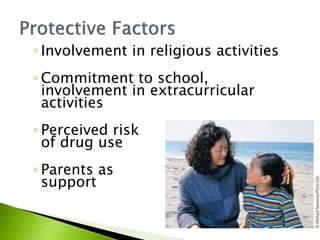 ◦ Involvement in religious activities
◦ Commitment to school,
involvement in extracurricular
activities
◦ Perceived risk
of drug use
◦ Parents as social
support
 