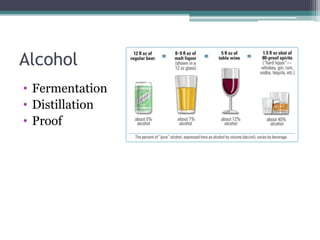 Alcohol
• Fermentation
• Distillation
• Proof
 