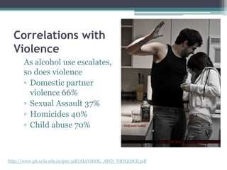 Correlations with
Violence
As alcohol use escalates,
so does violence
▫ Domestic partner
violence 66%
▫ Sexual Assault 37%
▫ Homicides 40%
▫ Child abuse 70%
http://www.ph.ucla.edu/sciprc/pdf/ALCOHOL_AND_VIOLENCE.pdf
 