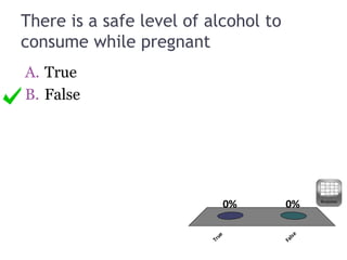 There is a safe level of alcohol to
consume while pregnant
A. True
B. False
True
False
0%0% Response
 