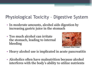 Physiological Toxicity – Digestive System
• In moderate amounts, alcohol aids digestion by
increasing gastric juice in the stomach
• Too much alcohol can irritate
the stomach, leading to internal
bleeding
• Heavy alcohol use is implicated in acute pancreatitis
• Alcoholics often have malnutrition because alcohol
interferes with the body’s ability to utilize nutrients
 