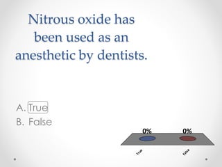 Nitrous oxide has
been used as an
anesthetic by dentists.
A. True
B. False
True
False
0%0%
 