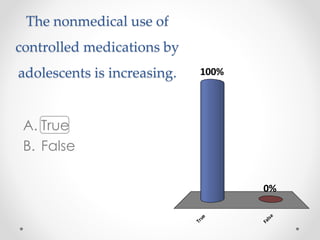 The nonmedical use of
controlled medications by
adolescents is increasing.
A. True
B. False
True
False
0%
100%
 