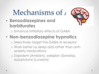 Mechanisms of Action
• Benzodiazepines and
barbiturates
o Enhance inhibitory effects of GABA
• Non-benzodiazepine hypnotics
o Selectively target the GABA-A receptor
o Work better as sleep aids rather than anti-
anxiety medications
o Zolpidem (Ambien), zaleplon (Sonata),
eszopiclone (Lunesta)
 