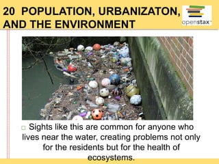 20 POPULATION, URBANIZATON,
AND THE ENVIRONMENT
 Sights like this are common for anyone who
lives near the water, creating problems not only
for the residents but for the health of
ecosystems.
 