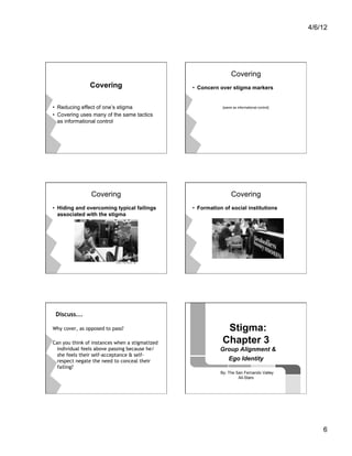 4/6/12




                                                                 Covering
               Covering                         •  Concern over stigma markers


•  Reducing effect of one’s stigma                          [same as informational control]

•  Covering uses many of the same tactics
   as informational control




                Covering                                         Covering
•  Hiding and overcoming typical failings       •  Formation of social institutions
   associated with the stigma




 Discuss...

Why cover, as opposed to pass?                               Stigma:
Can you think of instances when a stigmatized               Chapter 3
  individual feels above passing because he/               Group Alignment &
  she feels their self-acceptance & self-
  respect negate the need to conceal their                     Ego Identity
  failing?
                                                           By: The San Fernando Valley
                                                                    All-Stars




                                                                                                  6
 