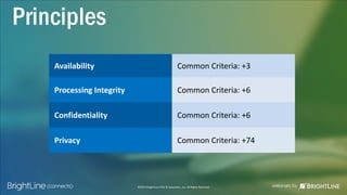 ©2015 BrightLine CPAs & Associates, Inc. All Rights Reserved
Principles
Availability Common Criteria: +3
Processing Integrity Common Criteria: +6
Confidentiality Common Criteria: +6
Privacy Common Criteria: +74
 