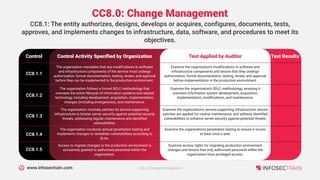 www.infosectrain.com
CC8.0: Change Management
Control Activity Specified by Organization
Control
CC8.1: The entity authorizes, designs, develops or acquires, configures, documents, tests,
approves, and implements changes to infrastructure, data, software, and procedures to meet its
objectives.
Test Applied by Auditor Test Results
The organization mandates that any modifications to software
and infrastructure components of the service must undergo
authorization, formal documentation, testing, review, and approval
before they can be implemented in the production environment.
CC8.1.1
Examine the organization's modifications to software and
infrastructure components and ensure that they undergo
authorization, formal documentation, testing, review, and approval
before implementation in the production environment.
The organization follows a formal SDLC methodology that
oversees the entire lifecycle of information systems and related
technology, including development, acquisition, implementation,
changes (including emergencies), and maintenance.
CC8.1.2
Examine the organization's SDLC methodology, ensuring it
oversees information system development, acquisition,
implementation, modifications, and maintenance.
The organization routinely patches its service-supporting
infrastructure to bolster server security against potential security
threats, addressing regular maintenance and identified
vulnerabilities.
CC8.1.3
Examine the organization's service-supporting infrastructure, ensure
patches are applied for routine maintenance, and address identified
vulnerabilities to enhance server security against potential threats.
The organization conducts annual penetration testing and
implements changes to remediate vulnerabilities according to
SLAs.
CC8.1.4
Examine the organization's penetration testing to ensure it occurs
at least once a year.
Access to migrate changes to the production environment is
exclusively granted to authorized personnel within the
organization.
CC8.1.5
Examine access rights for migrating production environment
changes and ensure that only authorized personnel within the
organization have privileged access.
CC8.0: Change Management
 
