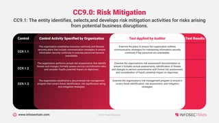 www.infosectrain.com
CC9.0: Risk Mitigation
Control Activity Specified by Organization
Control
CC9.1: The entity identifies, selects,and develops risk mitigation activities for risks arising
from potential business disruptions.
Test Applied by Auditor Test Results
The organization establishes business continuity and disaster
recovery plans that include communication strategies to ensure
information security continuity in case key personnel become
unavailable.
CC9.1.1
Examine the plans to ensure the organization outlines
communication strategies for maintaining information security
continuity if key personnel are unavailable.
The organization performs annual risk assessments that identify
threats and changes, formally assess service commitments risks,
and consider fraud's potential impact on objectives.
CC9.1.2
Examine the organization's risk assessment documentation to
ensure it includes annual assessments, identification of threats
and changes to service commitments with formal risk assessment,
and consideration of fraud's potential impact on objectives.
The organization establishes a documented risk management
program that covers threat identification, risk significance rating,
and mitigation strategies.
CC9.1.3
Examine the organization's risk management program to ensure it
covers threat identification, risk assessment, and mitigation
strategies.
CC9.0: Risk Mitigation
 