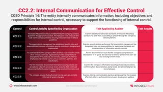 www.infosectrain.com
CC2.2: Internal Communication for Effective Control
Control Activity Specified by Organization
Control
COSO Principle 14: The entity internally communicates information, including objectives and
responsibilities for internal control, necessary to support the functioning of internal control.
Test Applied by Auditor Test Results
The Code of Business Conduct, established by the company, contains
guidelines for appropriate conduct. All employees have access to this
code via the company intranet, ensuring everyone knows it's ethical
guidelines.
CC2.2.1
Examine established behavioral standards in the Code of Business
Conduct and verify their accessibility to all staff through the company's
intranet platform.
The organization's management has established specific roles and
responsibilities to ensure information security controls are designed and
implemented.
CC2.2.2
Examine security policies and ensure that organization management has
designated roles and responsibilities for supervising the design and
implementation of information security controls.
To understand what the company offers and how it can meet the needs
of its various audiences, organization provides comprehensive
descriptions of its products and services, catering to its internal
employees and external users such as customers, partners, and
stakeholders.
CC2.2.3
Review documents to ensure that the company's comprehensive
descriptions of its goods and services for internal and external users are
clear and aligned with needs.
The firm maintains documented information security policies and
procedures subject to an annual review, ensuring their continued
relevance and effectiveness in safeguarding sensitive information and
assets.
CC2.2.4
Examine the company's information security policies and procedures,
confirming their documentation, yearly review, and acknowledgment by
new employees.
The company ensures that authorized internal users are promptly
informed of system changes.
CC2.2.5
Examine internal communication practices and ensure that the company
effectively informs authorized internal users about system updates.
CC2.0 Communication and Information
 
