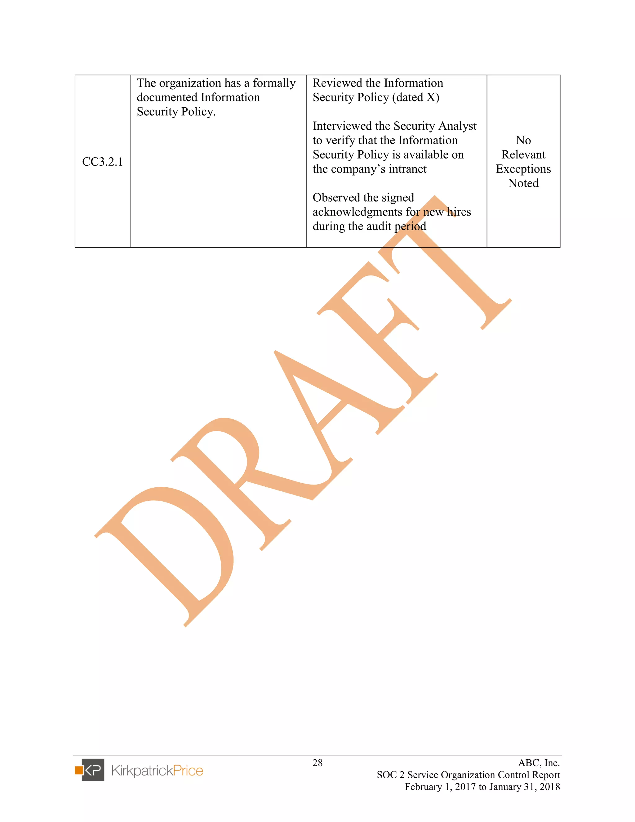 28 ABC, Inc.
SOC 2 Service Organization Control Report
February 1, 2017 to January 31, 2018
CC3.2.1
The organization has a formally
documented Information
Security Policy.
Reviewed the Information
Security Policy (dated X)
Interviewed the Security Analyst
to verify that the Information
Security Policy is available on
the company’s intranet
Observed the signed
acknowledgments for new hires
during the audit period
No
Relevant
Exceptions
Noted
 