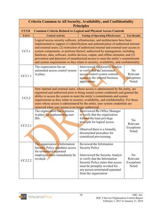 30 ABC, Inc.
SOC 2 Service Organization Control Report
February 1, 2017 to January 31, 2018
Criteria Common to All Security, Availability, and Confidentiality
Principles
CC5.0 Common Criteria Related to Logical and Physical Access Controls
Ctrl # Control Activity Testing of Operating Effectiveness Test Results
CC5.1
Logical access security software, infrastructure, and architectures have been
implemented to support (1) identification and authentication of authorized internal
and external users; (2) restriction of authorized internal and external user access to
system components, or portions thereof, authorized by management, including
hardware, data, software, mobile devices, output, and offline elements; and (3)
prevention and detection of unauthorized access to meet the entity’s commitments
and system requirements as they relate to security, availability, and confidentiality.
CC5.1.1
The organization has an
automated access control system
in place.
Interviewed the Security Analyst
to verify that the automated
access control system controls
access to the internal business
applications
No
Relevant
Exceptions
Noted
CC5.2
New internal and external users, whose access is administered by the entity, are
registered and authorized prior to being issued system credentials and granted the
ability to access the system to meet the entity’s commitments and system
requirements as they relate to security, availability, and confidentiality. For those
users whose access is administered by the entity, user system credentials are
removed when user access is no longer authorized.
CC5.2.1
The organization has a process
in place for implementing user
IDs.
Interviewed the Office Manager
to verify that the organization
follows the least privilege
principle for logical access
Observed there is a formally
documented procedure for
centralized provisioning
No
Relevant
Exceptions
Noted
CC5.2.2
The organization’s Information
Security Policy mandates access
for terminated/separated
employees must immediately be
revoked.
Reviewed the Information
Security Policy
Interviewed the Security Analyst
to verify that the Information
Security Policy states that access
must be promptly revoked for
any person terminated/separated
from the organization
No
Relevant
Exceptions
Noted
 