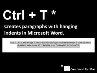 Ctrl + T *
Creates paragraphs with hanging
indents in Microsoft Word.
Command for Mac
*
 