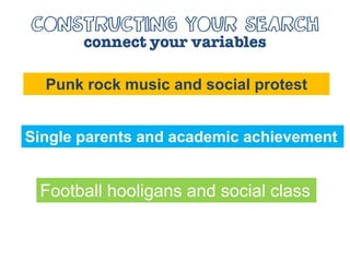 Punk rock music and social protest


Single parents and academic achievement


 Football hooligans and social class
 