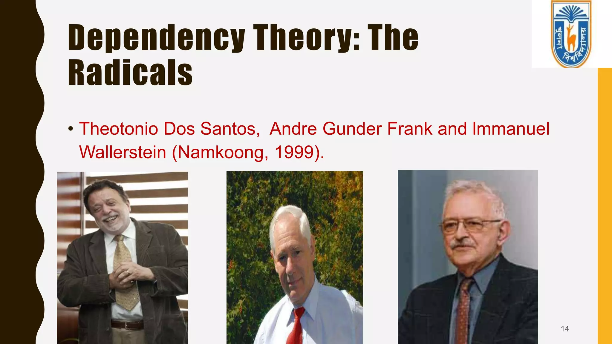 Dependency Theory: The
Radicals
• Theotonio Dos Santos, Andre Gunder Frank and lmmanuel
Wallerstein (Namkoong, 1999).
14
 