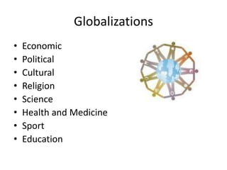 Globalizations
• Economic
• Political
• Cultural
• Religion
• Science
• Health and Medicine
• Sport
• Education
 