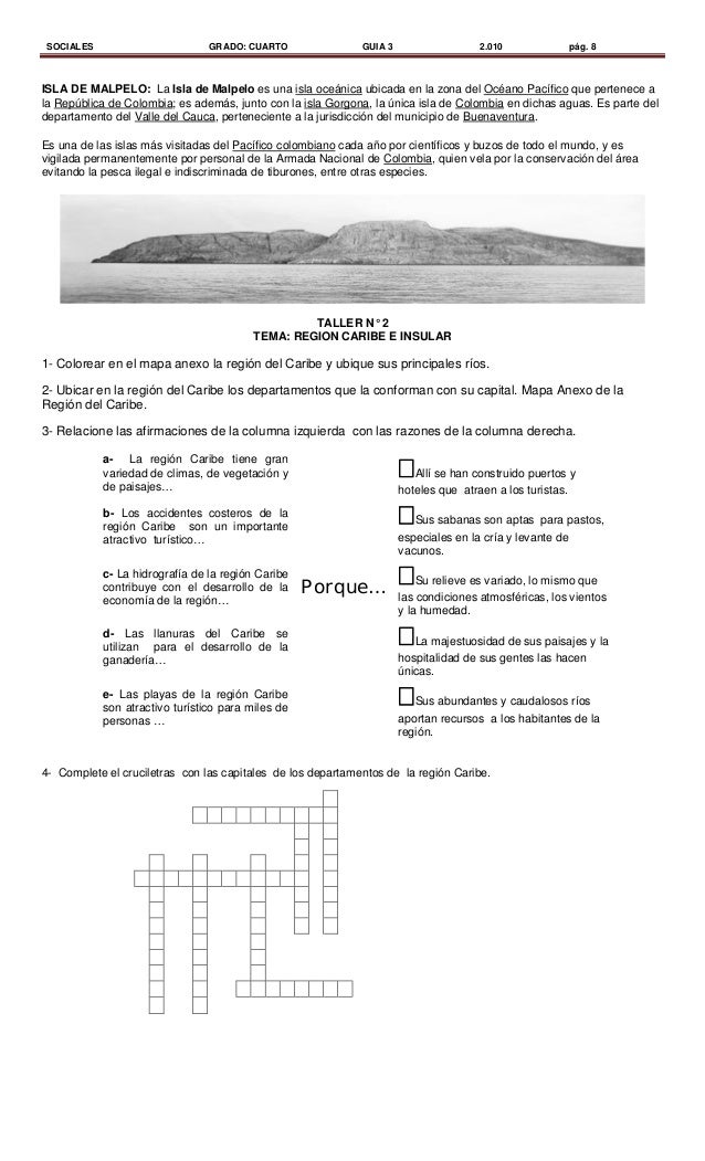 SOCIALES GRADO: CUARTO GUIA 3 2.010 pág. 8
ISLA DE MALPELO: La Isla de Malpelo es una isla oceánica ubicada en la zona del...