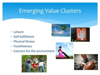 Emerging Value Clusters
 Leisure
 Self-fulfillment
 Physical fitness
 Youthfulness
 Concern for the environment
 