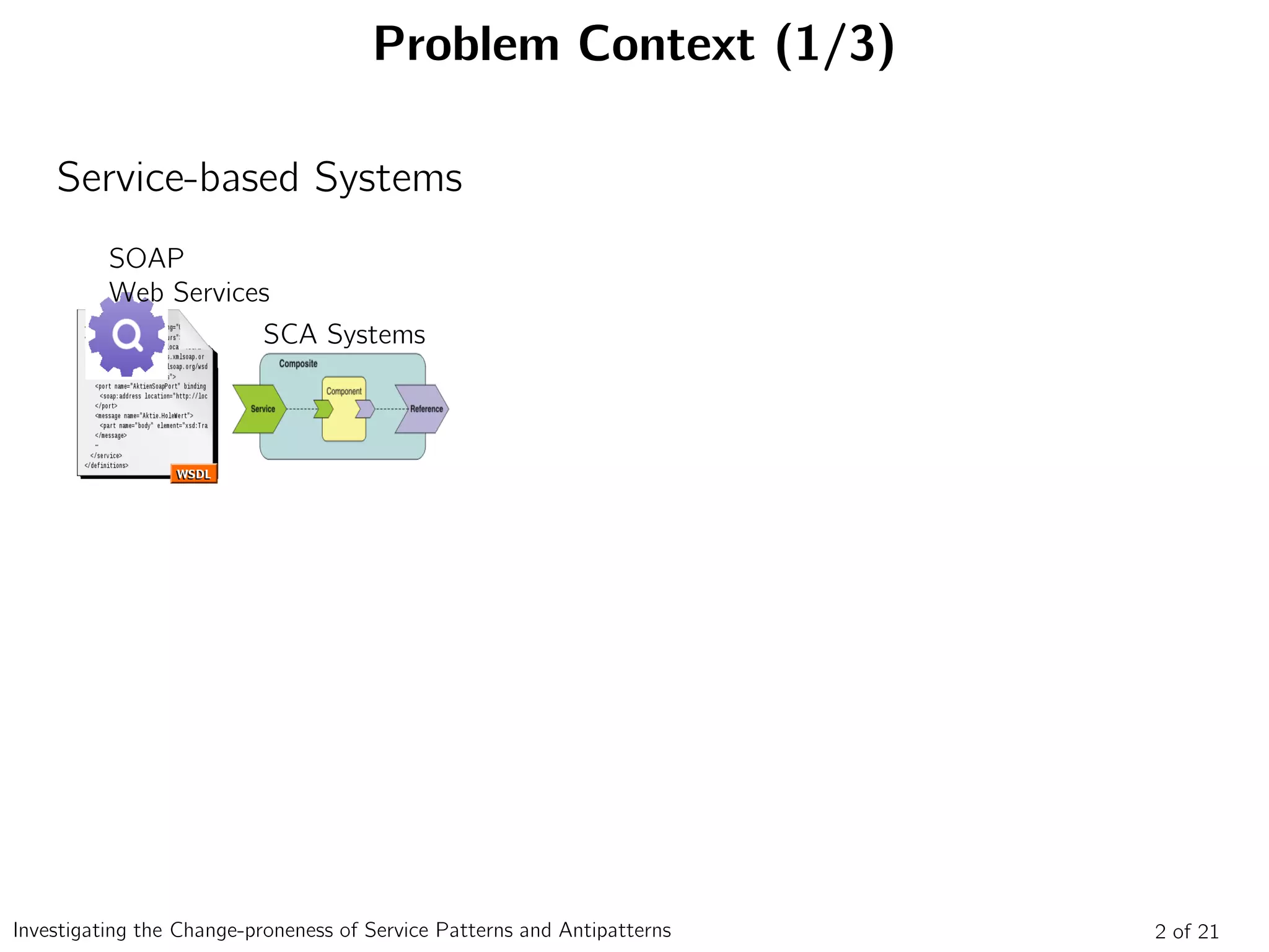 Problem Context (1/3)
Service-based Systems
2 of 21Investigating the Change-proneness of Service Patterns and Antipatterns
SOAP
Web Services
SCA Systems
 