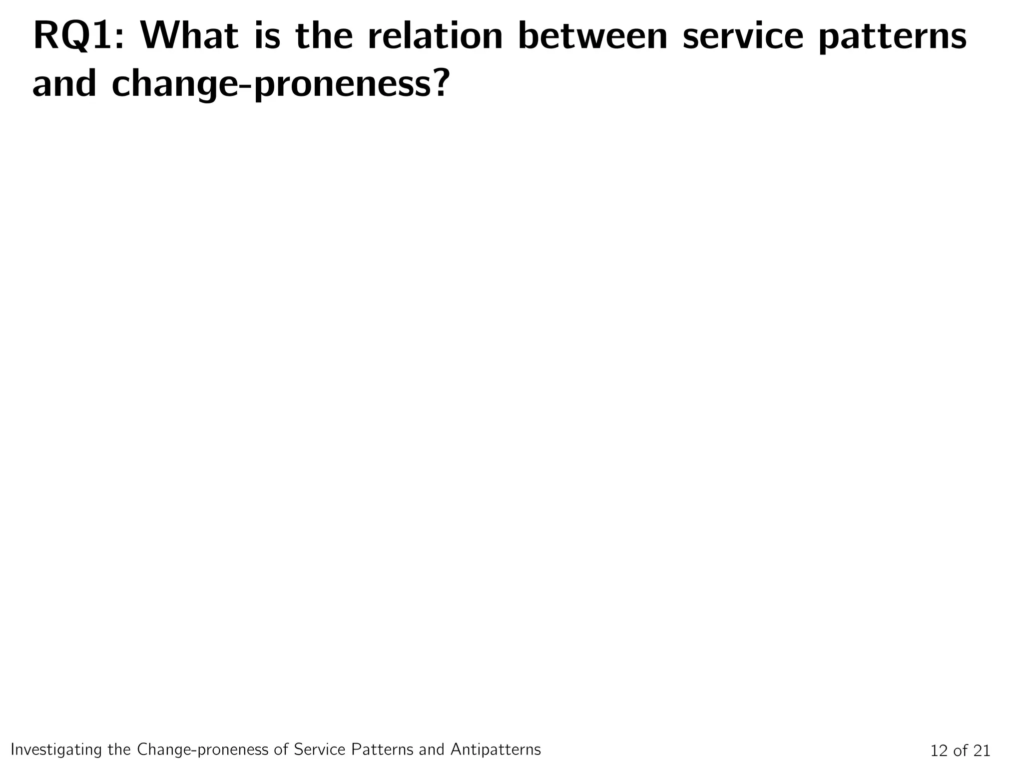 RQ1: What is the relation between service patterns
and change-proneness?
12 of 21Investigating the Change-proneness of Service Patterns and Antipatterns
 