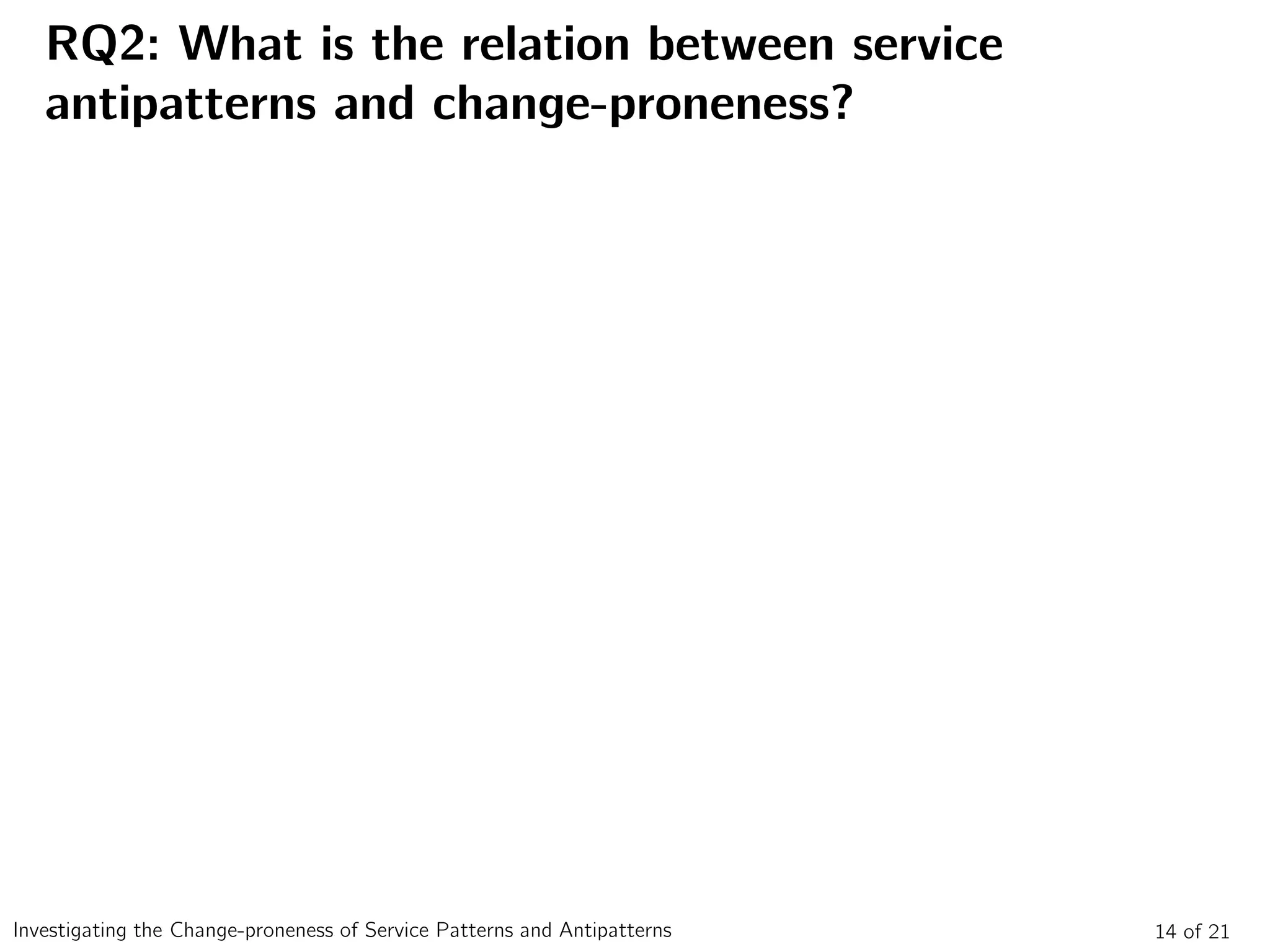 RQ2: What is the relation between service
antipatterns and change-proneness?
14 of 21Investigating the Change-proneness of Service Patterns and Antipatterns
 