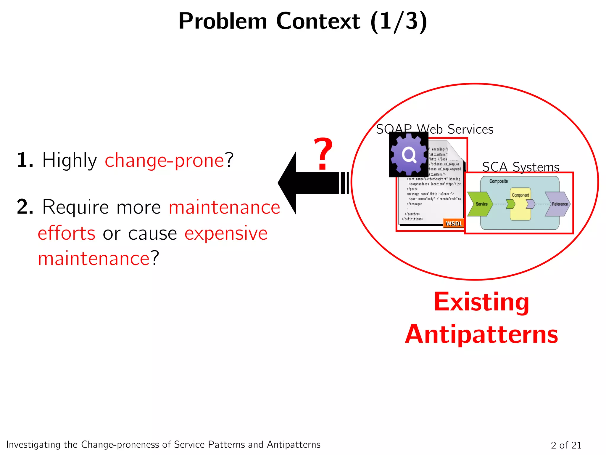 Problem Context (1/3)
2 of 21
1. Highly change-prone?
2. Require more maintenance
efforts or cause expensive
maintenance?
SOAP Web Services
SCA Systems
Existing
Antipatterns
?
Investigating the Change-proneness of Service Patterns and Antipatterns
 